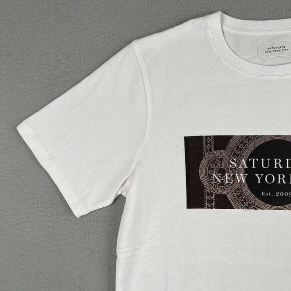 NWT Saturdays NYC White Mosaic Block Short Sleeve Crew Neck Shirt Men’s Size S - Picture 3 of 16